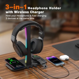 Jubor 3 in 1 RGB Gaming Headphone Stand, Headset Holder with 15 W Wireless Charger, Gaming Headphone Holder with 9 Light Modes, Memory Function for All Headphones