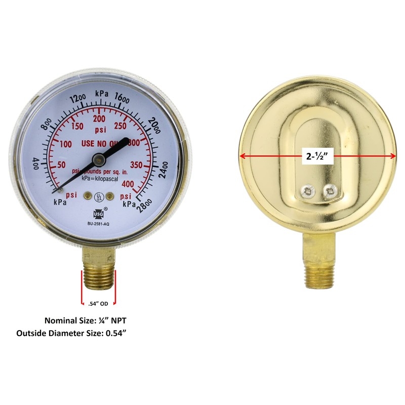 High and Low Pressure Gauge for Heavy-Duty Acetylene/Propane Regulators 0-400