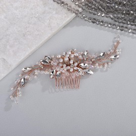 Wekicici Pearl Flower Wedding Hair Comb Bride Wedding Hair Comb Bridal Rhinestone Hair Piece Floral Hair Accessories for Women Flower Headband Headpiece (Rose gold)