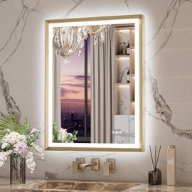 Keonjinn 24” x 32” LED Bathroom Mirror with Frontlit & Backlit, Gold Metal Framed Beveled Edge Lighted Vanity Mirror for Wall, Anti Fog, Stepless 3-Color Temperatures, UL-Listed LED Driver
