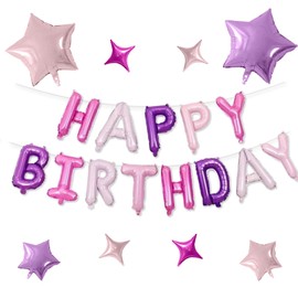 FunHot Happy Birthday Balloons, Pink Purple Happy Birthday Banner Balloons, 16 Inch Mylar Foil Letter Balloons with 8 Pcs Purple Pink Star Balloons for Women Girls Happy Birthday Party Decorations