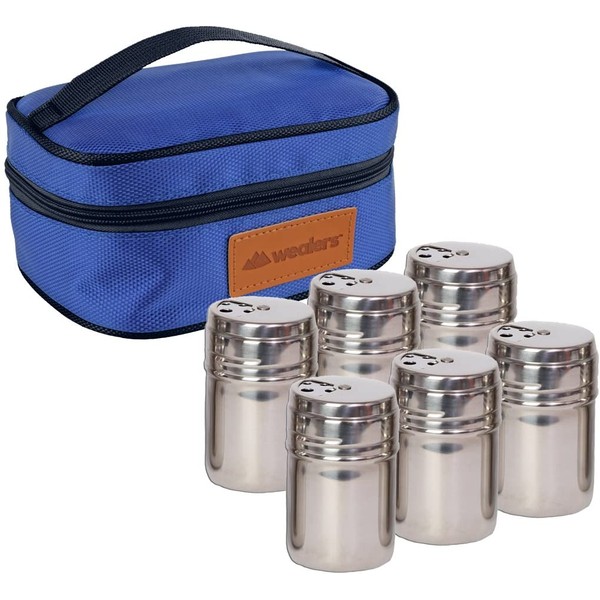 Portable Stainless Steel Spice Shaker Seasoning Dispenser - 6 Pc Set with Rotating Lids and Travel Bag| Spice Jars - Salt and Pepper Shakers - Dry Herb Spice Condiment Dispenser | Camping | BBQ