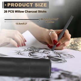 MECCANIXITY Willow Charcoal Sticks, 4-5mm Willow Charcoal Pencils Soft Sketch Vine Art Supplies Set for Drawing Sketching Shading Painting Artists Beginners (Black, Pack of 26)