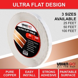Vixen Go Hidden Flat Wire 2 Conductor 23 Gauge Paintable Cable for LED Lighting, Smart Doorbell, Audio Speakers, Low Voltage Appliances 100FT