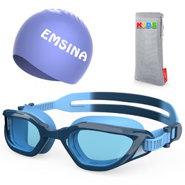 Emsina Kids Swim Goggles,Super Anti-Fog, No Leaking Pool Goggles,Swimming Goggles for Kids Age 5-14 Boys and Girls_RoyblueWithCAP