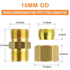 GASHER 10PCS Brass Compression Tube Pipe Fitting, 10mm OD x 10mm OD Connector
