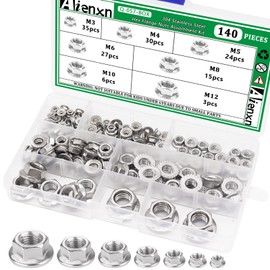 Aienxn 140PCS 7 Metric Sizes 304 Stainless Steel Hex Flange Nuts Assortment Kit -M3, M4, M5, M6, M8, M10, M12