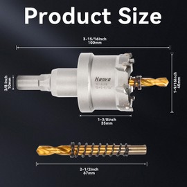 Henvo Hole Saw 1-9/16" (40mm) Heavy Duty Carbide with 2 Pilot Drill Bits - Metal Hole Cutter Cuts Stainless Steel, Iron, Copper, Brass, Plastic