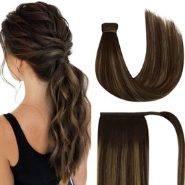 Sunny Hair Ponytail Extension Human Hair Wrap Around Ponytail Extension Straight Pony Tails Hair Extensions Clip in Ponytail Hair Extensions for Women 80G Dark Brown Balayage Medium Brown 20inch