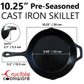 Crucible Cookware 12-Inch & 10.25-Inch Cast Iron Skillet Set (Pre-Seasoned), Including Large & Assist Silicone Hot Handle Holders | Indoor & Outdoor Use