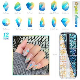 120Pcs Aurora Nail Rhinestones Crystal Clear Moonlight 12 Shapes Big Gems Flatback Rhinestones K9 Glass Stones Nail Art Diamonds Crystals jewels Nail Charms for Arylic Nails Face Eye Makeup DIY Crafts
