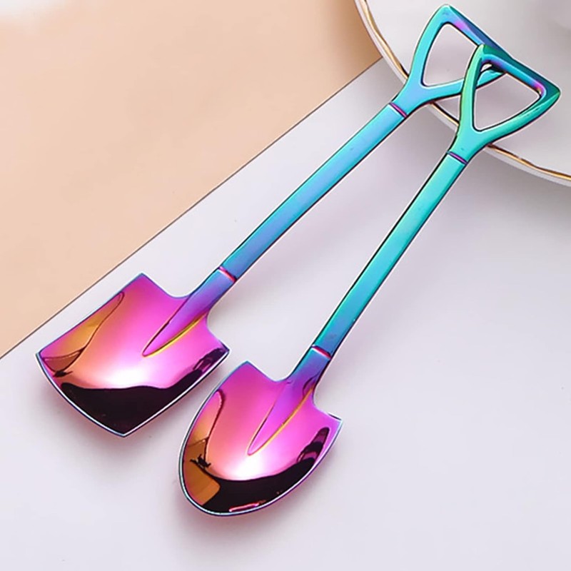 10pack Rainbow Shovel Spoons,Small Shovel Shape Stainless Steel Dessert Fruit