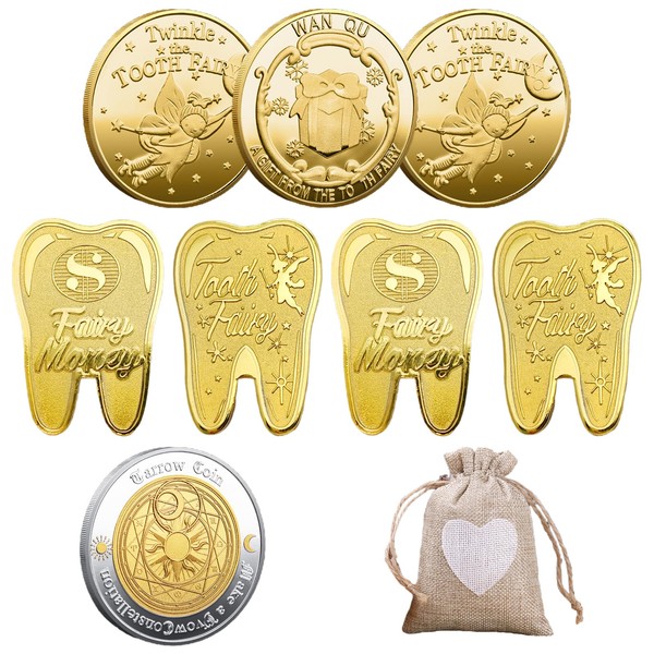 BTtime Tooth Fairy Coins, 8 Pieces, Reward Coin Commemorative Coin, Teeth Replacement Coin, Baby Teeth Rejuvenation Period, Play Tool, Includes Storage Bag