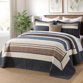 DUOHONG 120"x120" Oversized Bedspread - 100% Cotton, Striped Pattern California King Extra Large Quilt, Cal King XL Bed Spread Lightweight Comforter, 3pcs, Dark Grayish-Blue/Brown/Creamy Beige