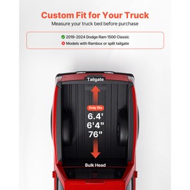 VEVOR Soft Roll-Up Truck Bed Tonneau Cover, Compatible with 2019-2024 Dodge Ram 1500 Classic, 2003-2025 Ram 2500 3500, Fits 6.4 ft (6 ft 4 in/76 in) Bed, PVC Tonneau Cover with Aluminum Alloy Bars