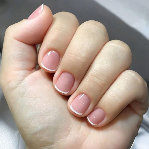 Pink Press on Nails Short Fake Nails White French Tip