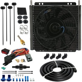 American Volt Heavy Duty 11" Transmission Oil Cooler 9" Inch Electric Fan & 6AN In-line Hose Thermostat Switch Wiring Kit (170'F On - 155'F Off)
