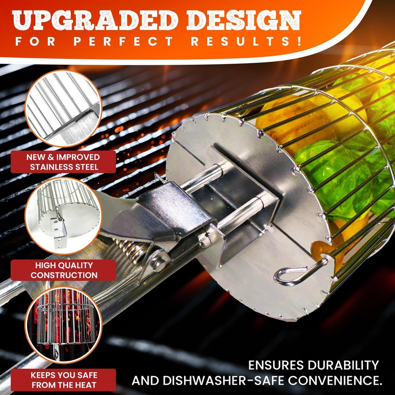 ORIGINAL Rolling Grill Basket Set of 2 w/Detachable Handle. Stainless