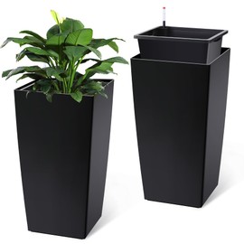 GarveeLife 30" Tall Planters Set of 2, Outdoor＆Indoor Black Planter Pots, High Front Porch Planter Pots with Drainage Holes＆Water Level Monitor＆Inner Bucket, Automatic Watering, Black