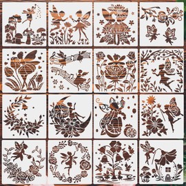16 Pieces Fairy Stencils Set for Painting, Fairy Flowers Pattern DIY Drawing Template, Reusable Plastic Crafts Stencils for Scrapbooking Floor Wall Canvas Fabric Decor (15x15cm)