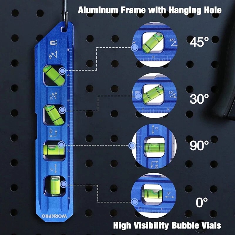 WORKPRO 8” Magnetic Torpedo Level 4 Bubble Vials for 0°/90°/45°/30°