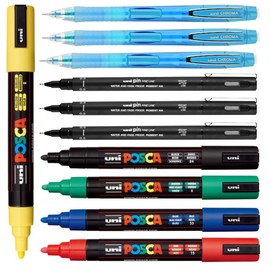 posca Drawing and Sketching Kit - Primary Color Marker Set of 5 with 5M Medium Tips + 3 Count Uni Pin 0.5mm Fineliners + 3 Count Uni Chroma Mechanical Pencils