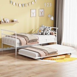 Twin Size Metal Daybed Bed Frame for Boys Girls Kids Adults Toddler with Curved Handle Design and Twin Size Trundle, White