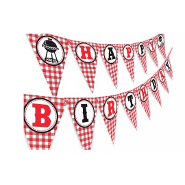 Pop Parties Picnic Happy Birthday Banner - BBQ Birthday Party Pennant - Red Gingham Banner