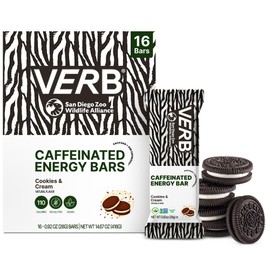 Verb Caffeinated Energy Bars Cookies & Cream (26g, Pack of 16) 110-Calorie Delicious Low Sugar Energy Bar - Vegan Gluten Free On-the Go Snack with 80mg Green Tea Caffeine, Only Real-Food Ingredients