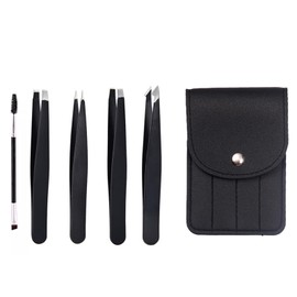 4 Pieces Tweezers Set, Eyebrow Pluckers for Women and Men, Face, Brow, Chin, Ingrown Hair (with Mascara Brush and Holster)