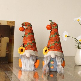 Pack of 2 Gnome Figures Autumn, Pumpkin Decoration, Autumn Pumpkin Dwarf, Sunflower Elf Statue, Thanksgiving Plush Elf Doll, Faceless Doll for Home, Living Room, Shop Window, Birthday (01)