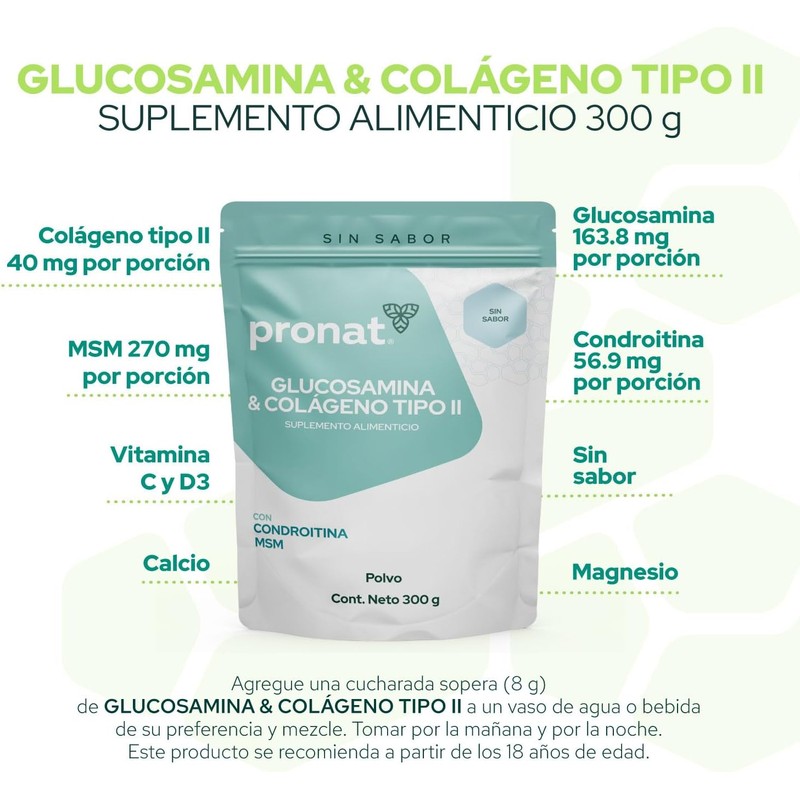 PRONAT Glucosamina & Colágeno Tipo II Sin Sabor 300 G,