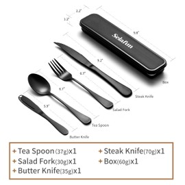 Travel Cutlery Set with Case Portable Silverware Utensils Set,5-pieces Stainless Steel Reusable Flatware Set Cutlery Set for Camping Picnic Hiking Office, Dishwasher Safe (matte black, 5.9)
