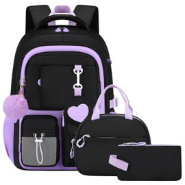 Amythe School Backpack Girls 3-Piece School Bag Kawaii 3rd to 7th Class with Lunch Bag Pencil Case Gymnasium with Anti-Theft Bag 23L-88082, black, Backpack Backpacks