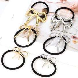 KICOSY 6PCS Bow Hair Ties for Women Gold Silver Hair Ties Cute Bowknot Hair Bands Stretchy Metal Ponytail Holder Hair Accessories