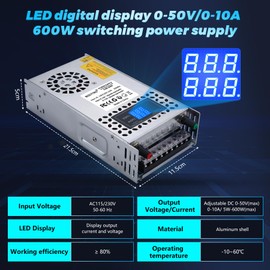 BOSYTRO 60V Adjustable dc Power Supply 600W,Switching Power Supply AC 110V/220V to DC 0-60V DC Converter with LED Digital Display, 5V 12V 24V 48V Buck Converter for 3D Printer,CCTV,Dimmable LEDs