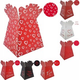 Valentines/Love/Anniversary Bouquet Box Vase - Transportation/Display Flower Box (Red with White Hearts)