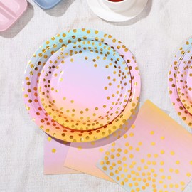 Boocikey Pastel Rainbow Plates and Napkins Party Supplies Golden Dot Pastel Paper Plates Disposable for 50 Guests Pastel Rainbow Party Decorations for Pastel Party