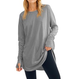 Fisoew Women's Casual Long Sleeve Tops Crew Neck Round Hem Loose T-Shirts Tunic Tops with Thumb Holes Grey