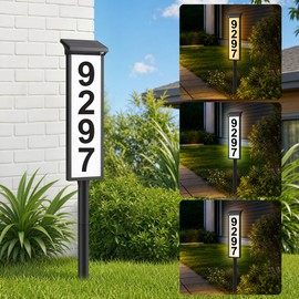 ASOMST Solar Address Sign, Lighted House Number Waterproof, 3-Color LED Illuminated Address Plaque with Stakes, Solar Powered Address Numbers for Outside