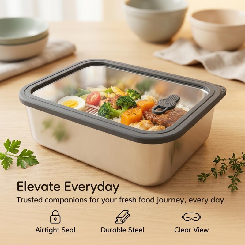3 Pcs Stainless Steel Food Storage Containers with Glass Lids,
