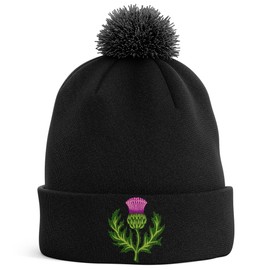 Purple Print House Embroidered Scotland Thistle Bobble Hat Scottish Men Women Rugby Supporters Nations Winter, One Size, Black