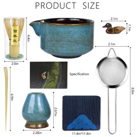 Artcome 7 Pcs Complete Matcha Tea Ceremony Kit for Tea Ceremony, Bowl with Pouring Spout, Whisk, Tea Scoop, Matcha Powder Strainer, Matcha Tea Set For Making Usucha, Koicha and Matcha Latte (Sapphire)