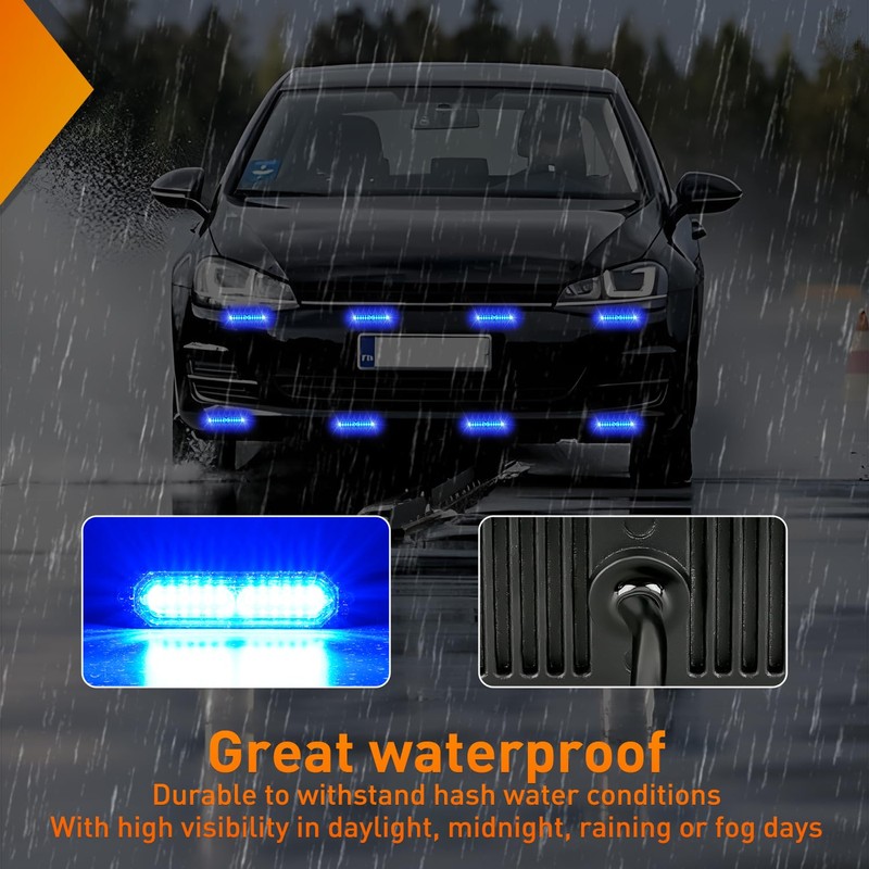 Nilight 8PCS Led Strobe Lights 12LED Blue Emergency Light 12V