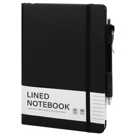 Aodaer Lined Notebook Journal with Pen A5 Notebooks 100 GSM College Ruled Hardcover Notebook PU Leather Notepad with Pen Holder for Office School, 5.7 x 8.3 Inches, Black