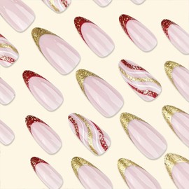 Christmas Press on Nails Medium Almond Fake Nails Red White Stripe Swirl Glue on Nails Winter Xmas Nails Glitter French Tip False Nails with Designs Glossy Acrylic Stick on Nails for Women 24 Pcs