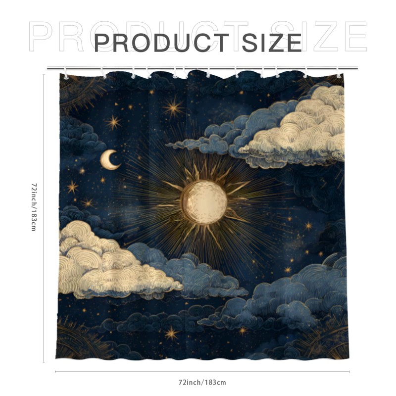 Celestial Shower Curtain with Sun Moon Stars, 72x72 Inches