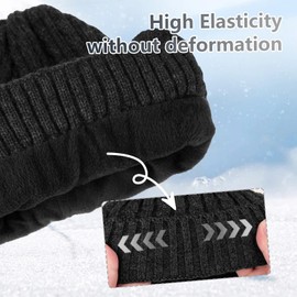 ULSTAR Winter Earflap Hat and Scarf for Women and Men, Warm Fleece-Lined Knit Hat and Neck Warmer Set Knitted Skull Cap (Black)