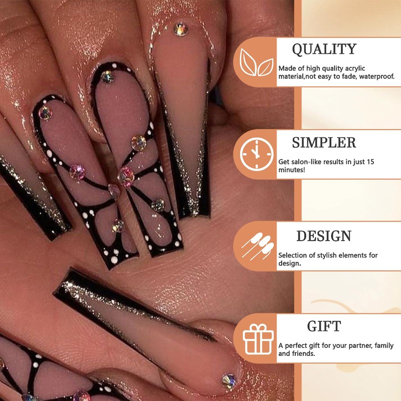 GlamRays Long Coffin Black Shiny Full Perimeter Acrylic Nails Extra