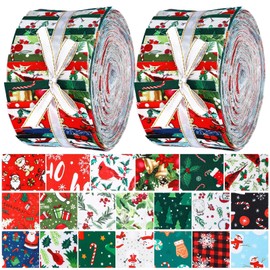 Hosuly 40 Pcs Christmas Fabric Jelly Fabric Quilting Patchwork Roll Red and Green Quilting Strips 2.55 Inch Precut Santa Claus Patchwork Roll for Xmas Sewing DIY Craft